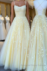 Yellow tulle lace long Semi Formal Prom Dresses, yellow tulle lace formal Dresses